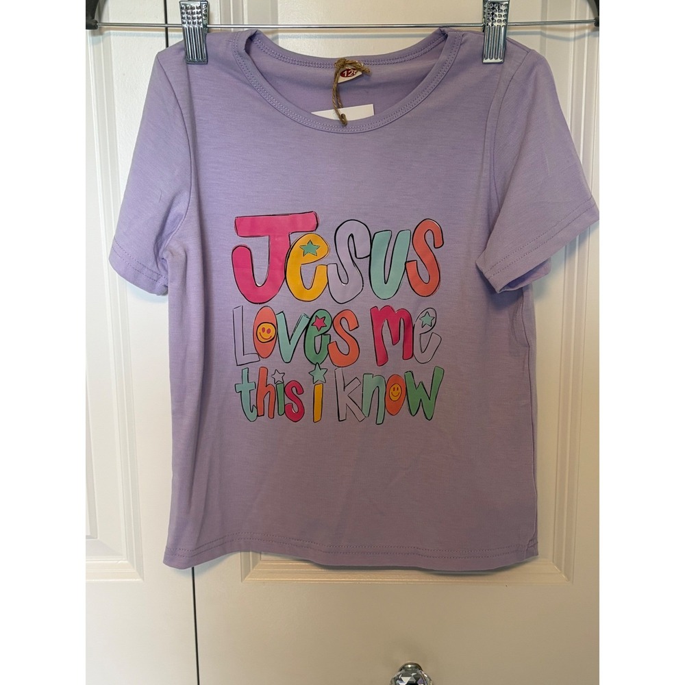 Kids Purple Jesus Loves Me This I Know Graphic Tee Short Sleeve Shirt Size 6